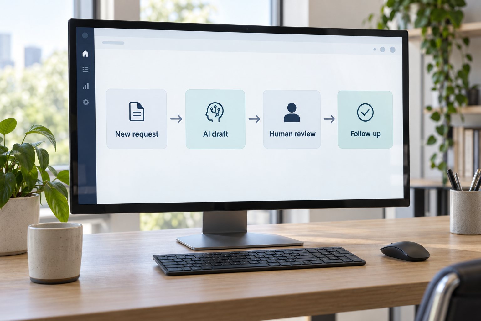Computer monitor displaying a labeled workflow: New request, AI draft, Human review, and Follow-up.