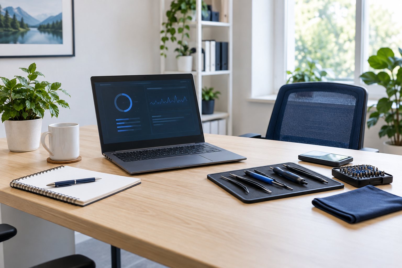 Laptop displaying system diagnostics beside a notebook and computer tools in a bright office.