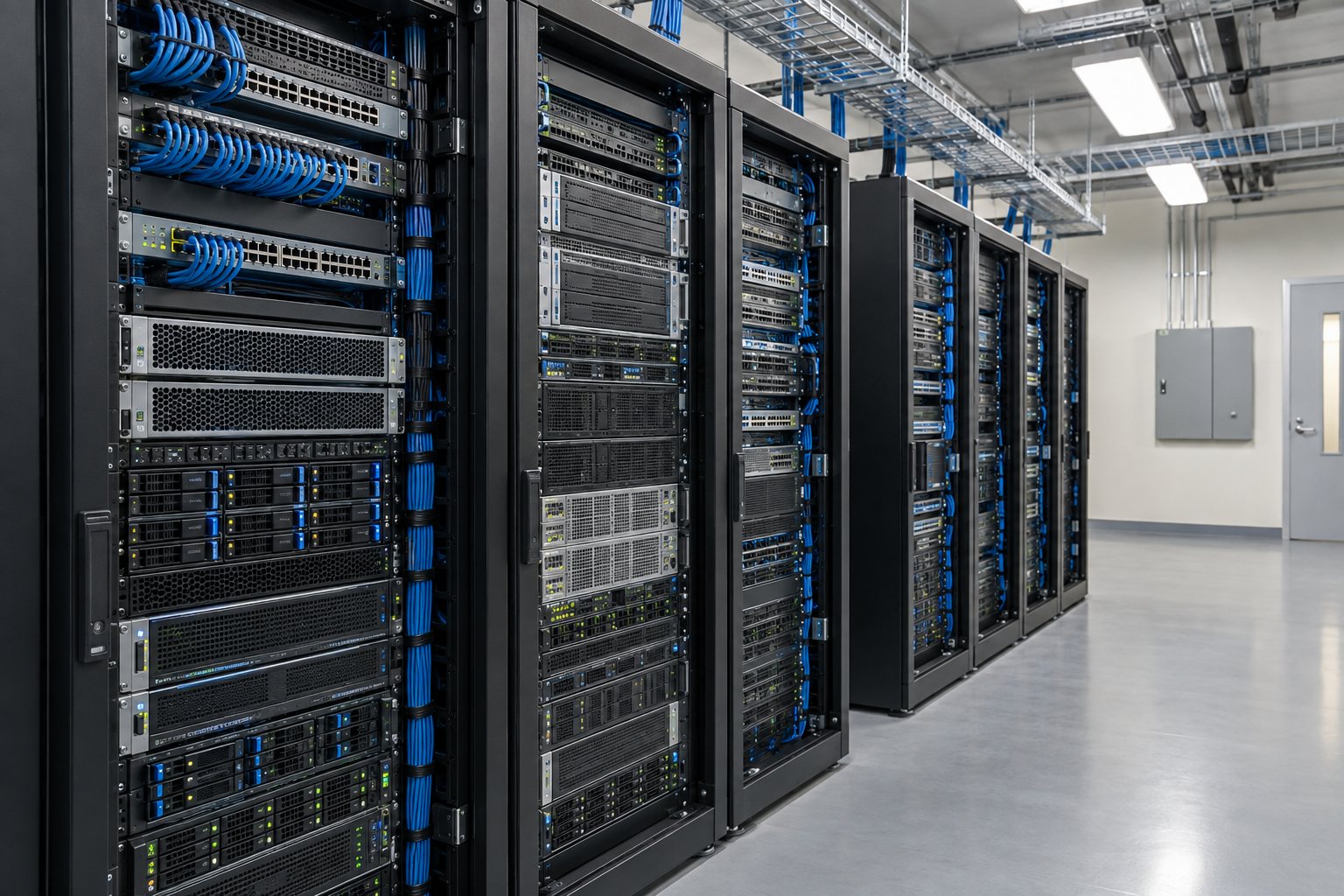 Multiple full-height server racks with network equipment, organized blue cabling and overhead cable trays in a dedicated server room.